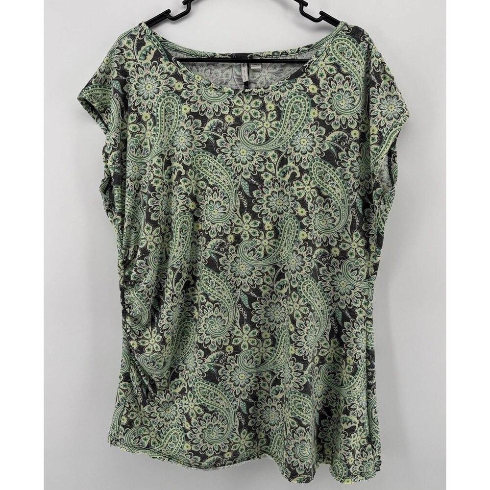 Cato Top Womens XL Black Green Paisley Print Short Sleeve Scoop Neck
